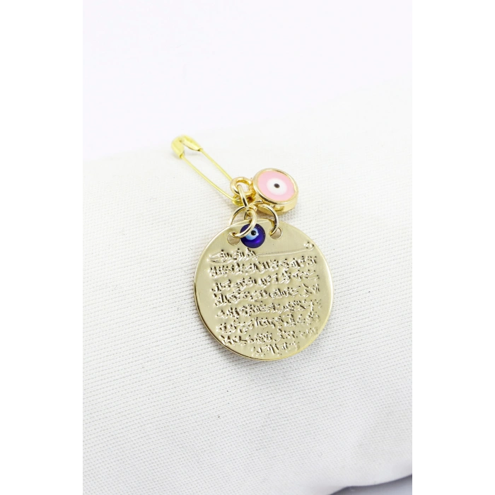 Gold Renkli Mineli Pembe Nazar Boncuğu Metal Ayetel Kürsi Bebek İçin Çengelli Iğne 1 Adet