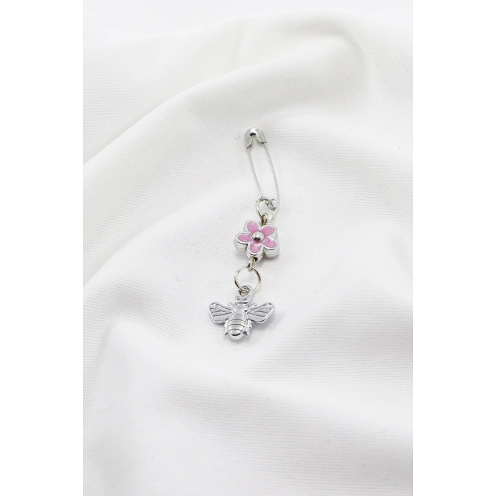 1 Adet Mavi Çiçek ve Arı Figürlü Gümüş Renkli Çengelli İğne Süsü, Baby Shower, Mevlit ve Bohça Aksesuarı