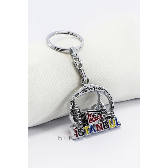 Renkli İstanbul Silüeti Metal Anahtarlık, Hediyelik Çanta Süsü