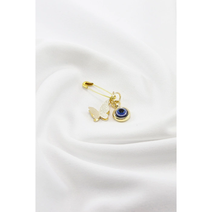 1 Adet Minik Çift Katlı Nazar Boncuğu Çengelli İğne, Nişan, Düğün, Mevlit ve Hediye Paketi Aksesuarı Gold Renkli