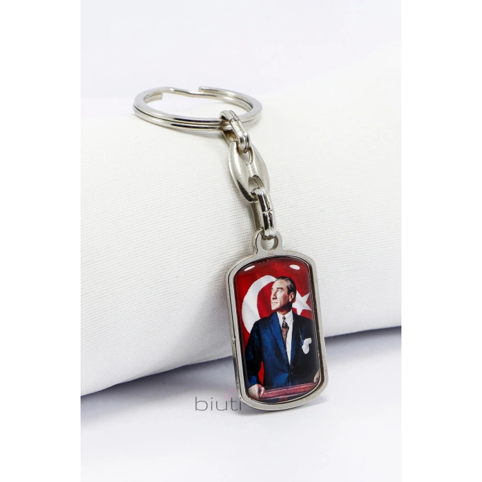 Dikdörtgen Türk Bayrağı Mustafa Kemal Atatürk Çift Taraflı Resimli Metal Anahtarlık, Hediyelik Çanta Süsü