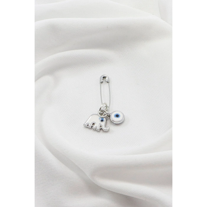 1 Adet Beyaz Nazar Boncuğu Metal Fil Gümüş Renkli Çengelli İğne, Mevlit, Düğün, Gelin Bohçası
