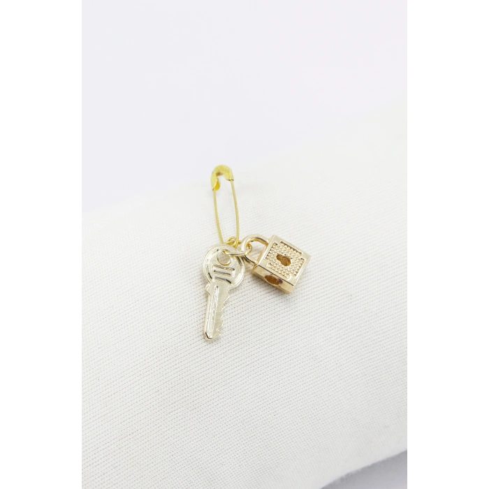 1 Adet Gold Renkli Minik Metal Kilit ve Anahtar Çengelli İğne, Nişan, Düğün, Mevlit ve Hediye Paketi Aksesuarı
