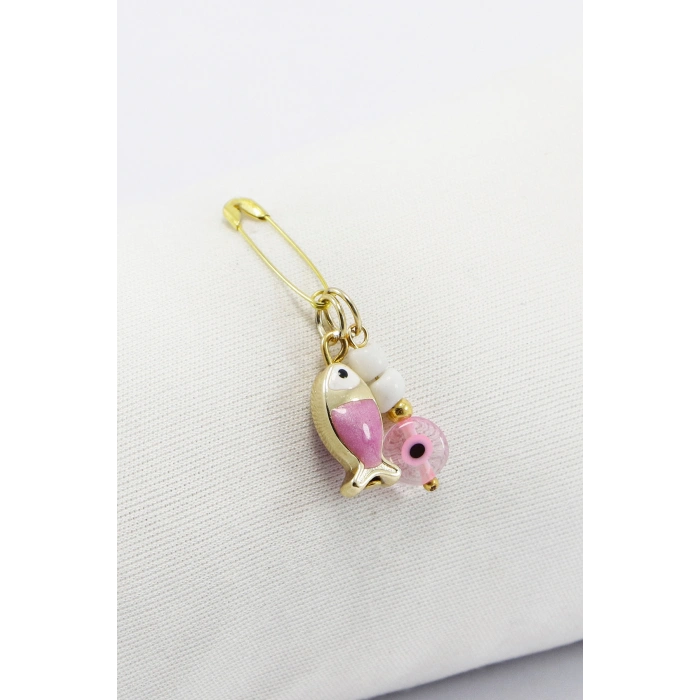 1 Adet Pembe Mineli Balık El Yapımı Cam Pembe Nazar Boncuklu Çengelli İğne Süsü, Bebek Mevlidi, Düğün Bohça Aksesuarı