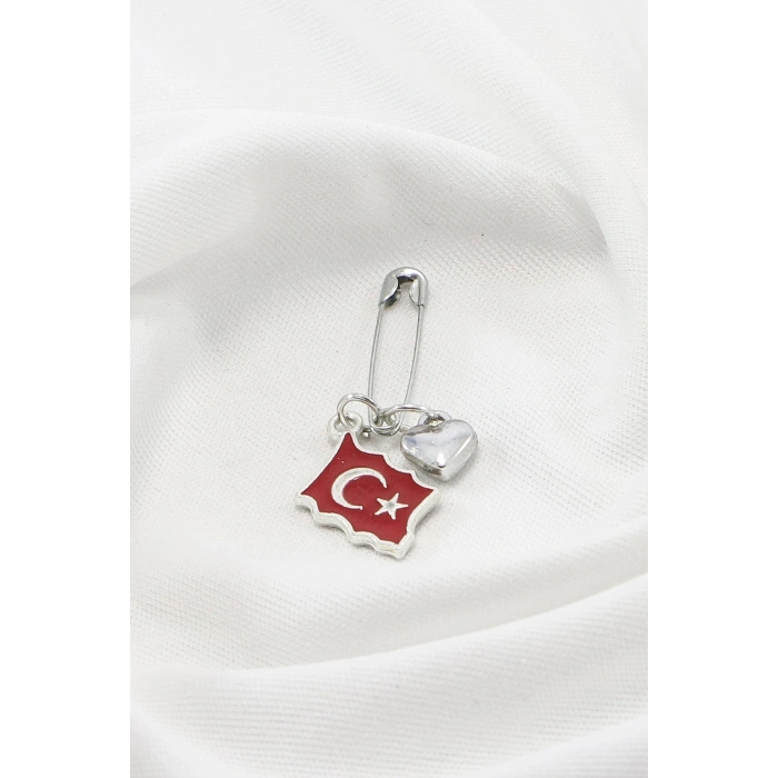 1 Adet Kırmızı Türk Bayrağı Ay Yıldız Çengelli İğne, Nişan, Düğün, Mevlit ve Hediye Paketi Aksesuarı Gümüş Renkli