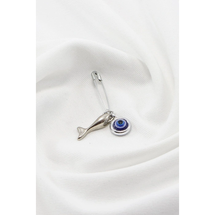 Gümüş Renkli Metal Balık Nazar Boncuklu Bebek İçin Çengelli İğne 1 Adet, Hediye Paketi Süsü