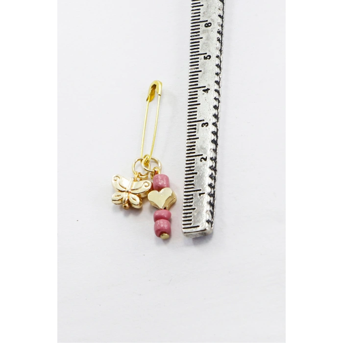 1 Adet Pembe Boncuklu Metal Kelebek ve Kalpli Çengelli İğne, Mevlit,Düğün, Gelin Bohçası Gold Renkli