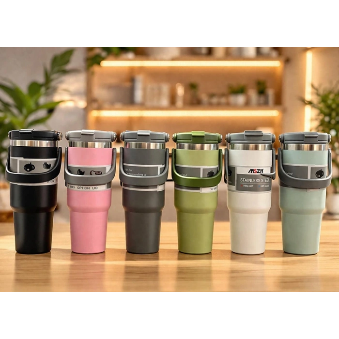 900 ml Taşıma Kulplu Paslanmaz Çelik Termos Mug - Vakumlu Isı Yalıtımlı Bardak ALK3137