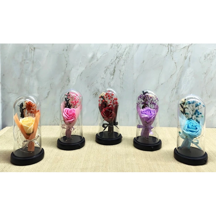 Işıklı  Müzkli Dekoratif Cam Fanus İçinde Gül Alk5005