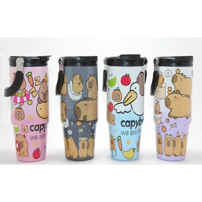 Kapibara Capybara Desenli Isı Muhafazalı Pipetli Dev Çelik Kupa (Tumbler) Alk4431