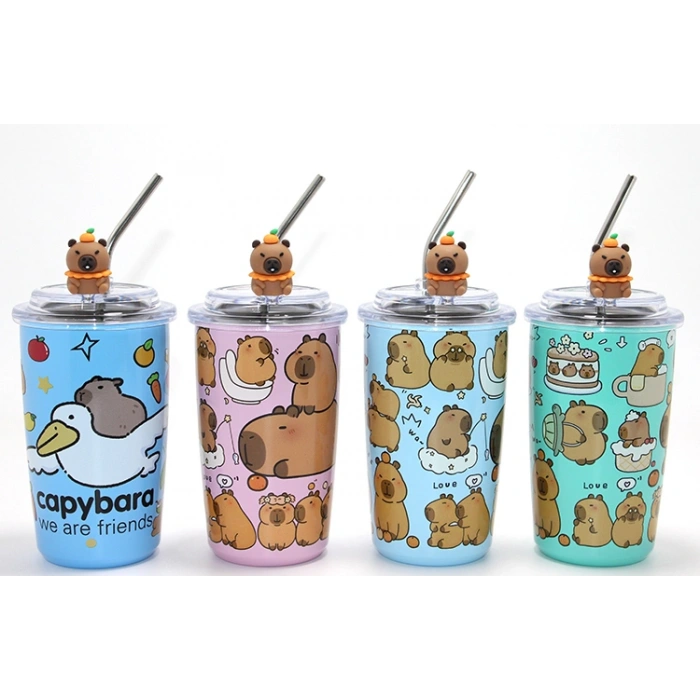Kapibara Capybara Figürlü Isı Muhafazalı Metal Pipetli Paslanmaz Çelik Kupa Alk4429