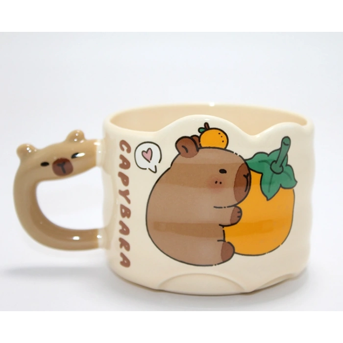 Kapibara Capybara Figürlü Yayvan Formlu Porselen Kupa Bardak Alk5044