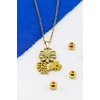 Paslanmaz Çelik Gold Renkli Parlak Taşlı Sedefli Çiçek Yoncalı Çelik Kolye , Hediyelik Kolye (60 cm)