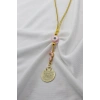 Pembe Yassı Nazar Boncuklu Salkım Metal Ayetel Kürsi Araba Dikiz Ayna Süsü, Gold Renkli