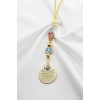 Renkli Hamse Çiçek Aksesuarlı Gold Renkli Metal Ayetel Kürsi Araba Dikiz Ayna Süsü, Araba Hediyesi