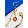 El Yapımı Kırmızı Çerçeveli Göz Figürlü Salkım Anahtarlık, Hediyelik Çanta Süsü