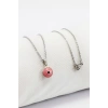 Çerçeveli Pembe Nazar Boncuklu Bijuteri Kolye (Çelik Zincir 60 cm), Gümüş Renkli