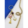Gold Halkalı Pembe Yoncalı Parlak Kalpli Salkım Anahtarlık, Hediyelik Çanta Süsü