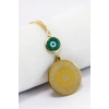 Yeşil Cam Nazar Boncuklu Gold Çelik Allah Lafzı Ayetel Kürsi Felak Nas İhlas Dikiz Ayna Süsü (3,5cm)