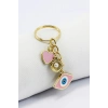 Pembe Nazar Boncuğu Gold Pembe Metal Kalp Küçük Anahtarlık, Minik Çanta Süsü