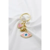 Pembe Nazar Boncuğu Gold Pembe Metal Kalp Küçük Anahtarlık, Minik Çanta Süsü