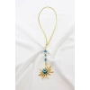 Turkuaz El Yapımı Cam Nazar Boncuklu Metal Güneş Araba Dikiz Ayna Süsü, Elastik İpli