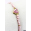 Pembe Boncuklu Mineli Metal Kalpli Gold Renkli Elastik Bileklik, Hediyelik Bileklik
