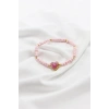 Pembe Boncuklu Mineli Metal Kalpli Gold Renkli Elastik Bileklik, Hediyelik Bileklik