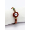 Renkli Ahşap Boncuklu Kırmızı Danagözü Cam Nazar Boncuklu Bileklik, Hediyelik Bileklik