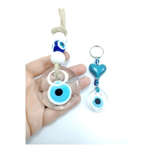 Saydam Cam Nazar Boncuğu Duvar Dekoru Anahtarlık El Yapımı Ikili Hediye Seti