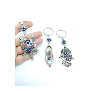 Nazar Boncuğu Anahtarlık Renkli Kaplumbağa / Çarık / Hamse Eli Metal Üçlü Set Hediyelik Aksesuar