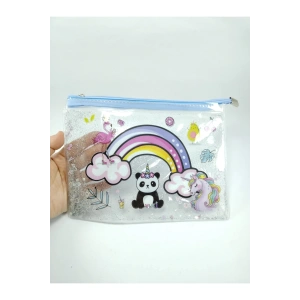 Simli Ve Sulu Şeffaf Panda Temalı Pastel Renkli Çok Amaçlı Çanta Kalemlik Okula Başlangıç Hediyesi