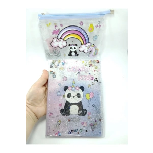 Panda Hediyelik Kırtasiye Seti A5 Boy Simli/sulu Şeffaf Panda Temalı Defter Şeffaf/simli Kalemlik