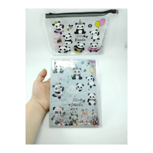 Hediyelik Kırtasiye Seti A5 Boy Simli/sulu Şeffaf Panda Temalı Defter + Şeffaf/simli Kalemlik