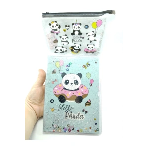 Hediyelik Kırtasiye Seti A5 Boy Simli/sulu Şeffaf Panda Temalı Defter + Şeffaf/simli Kalemlik