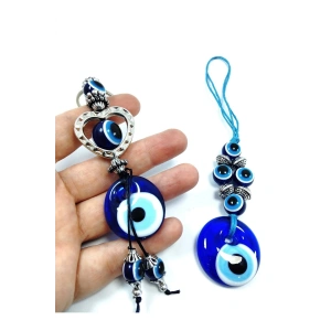 El Yapımı Nazar Boncuğu Araba Dikiz Ayna Süsü + Kalpli Anahtarlık Cam Dekoratif Hediyelik Set