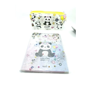 Hediyelik Kırtasiye Seti A5 Boy Simli/sulu Şeffaf Panda Temalı Defter + Şeffaf Kalemlik