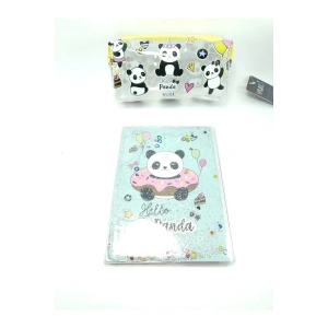 Hediyelik Kırtasiye Seti A5 Boy Simli/sulu Şeffaf Panda Temalı Defter + Şeffaf Kalemlik