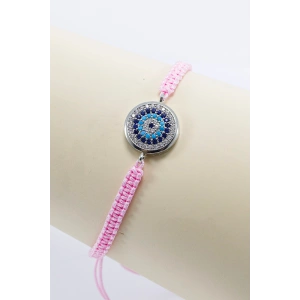 Toz Pembe Asansörlü Gümüş Zirkon Taşlı Nazar Bileklik, Hediyelik Bileklik