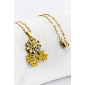 Paslanmaz Çelik Gold Renkli Parlak Taşlı Sedefli Çiçek Yoncalı Çelik Kolye , Hediyelik Kolye (60 cm)