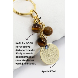 Doğal Taşlı Metal Ayetel Kürsi Dualı Anahtarlık, Kaplan Gözü Boncuklu Çanta Süsü