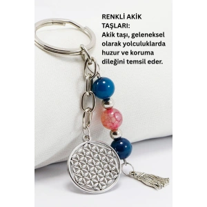 Doğal Taşlı Gümüş Renkli Metal Yaşam Çiçeği Anahtarlık, Renkli Akik Taşlı Araba Hediyesi