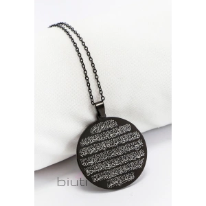 Siyah Çift Taraflı Çelik Kolye Ön Yüzünde Ayetel Kürsi Arka Yüzünde Dört Kul Yazılı Kolye (3 cm)