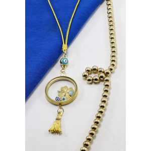 Püsküllü Gold Renkli Nazarlı Çelik Çerçeveli Yoncalı Açılabilir Fanus Model Dikiz Ayna Süsü
