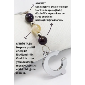 Doğal Taşlı Gümüş Renk Ç Harfi Araba Dikiz Ayna Süsü, Ametist, Sitrin Taşlı Zincirli Araba Hediyesi