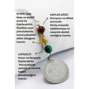 Doğal Taşlı Çelik Allah Lafzı Araba Dikiz Ayna Süsü, Kaplan Gözü, Sitrin Taşı, Lepidolit 8mm