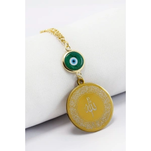 Yeşil Cam Nazar Boncuklu Gold Çelik Allah Lafzı Ayetel Kürsi Felak Nas İhlas Dikiz Ayna Süsü (3,5cm)