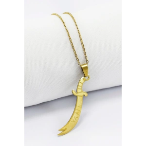 Paslanmaz Çelik Gold Renkli Kılıç Ya Ali Çelik Kolye , Hediyelik Kolye (60 cm)
