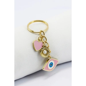 Pembe Nazar Boncuğu Gold Pembe Metal Kalp Küçük Anahtarlık, Minik Çanta Süsü