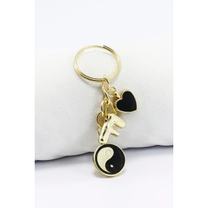 Metal Yin Yang Siyah Kalp Gold Renkli Küçük Metal Anahtarlık, Bombe F Harfi ÇAnta Süsü
